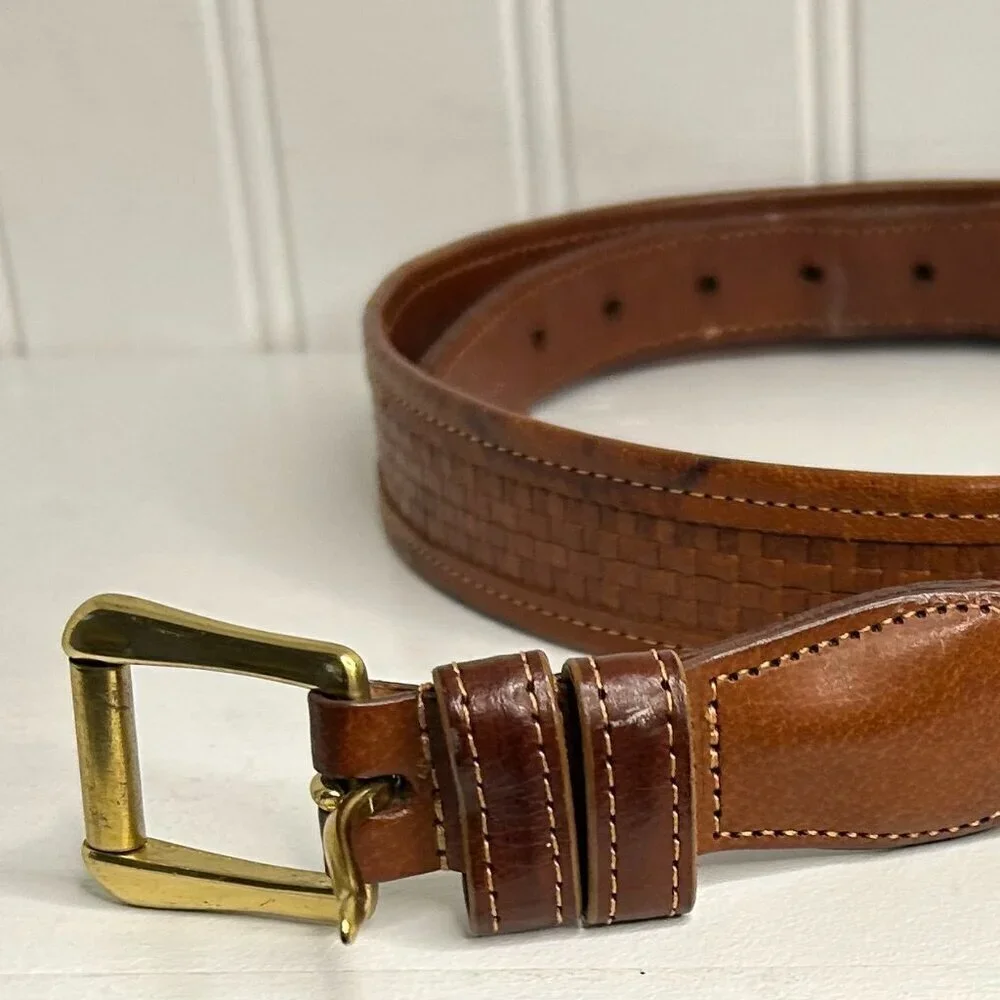Coach Leather Designer Belt 3855 British Tan Basket Weave Brass Buckle 36